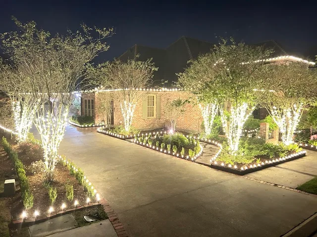Front-yard trees lit with warm-white lights beside a decorated home